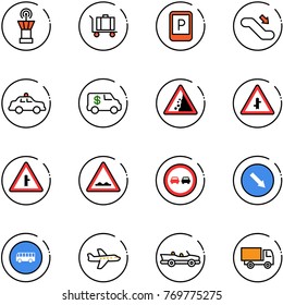 line vector icon set - airport tower vector, baggage, parking sign, escalator down, safety car, encashment, landslide road, intersection, rough, no overtake, detour, bus, plane, cabrio, truck toy