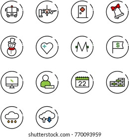 line vector icon set - airport bus vector, boarding passengers, first aid room, bell, snowman, heart, monero, dollar flag, monitor cursor, user password, calendar, brick wall, rain cloud