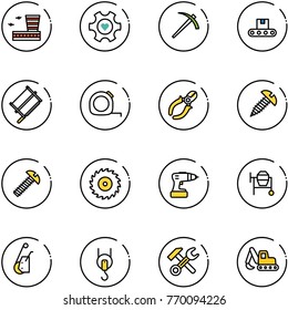 line vector icon set - airport building vector, heart gear, job, conveyor, bucksaw, measuring tape, side cutters, screw, saw disk, drill, cocncrete mixer, winch, wrench hammer, excavator toy