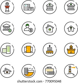 line vector icon set - airport tower vector, hospital building, bank, account, home, doors, sand fort, hotel, sea, lighthouse
