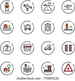 line vector icon set - airport tower vector, traffic controller, runway, departure, baggage, metal detector gate, travolator, terrorism, duty free, trap truck, plane seats, scales, building