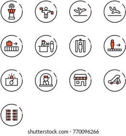 line vector icon set - airport tower vector, traffic controller, departure, arrival, baggage, passport control, metal detector gate, travolator, terrorism, officer window, duty free, trap truck