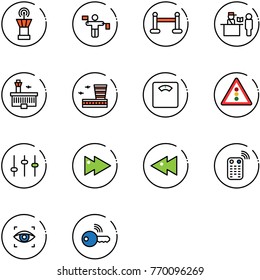 line vector icon set - airport tower vector, traffic controller, vip zone, passport control, building, floor scales, light road sign, settings, fast forward, backward, remote, eye scanner