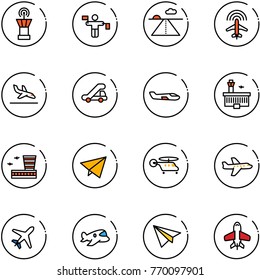 line vector icon set - airport tower vector, traffic controller, runway, plane radar, arrival, trap truck, small, building, paper fly, helicopter, toy
