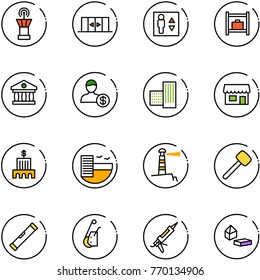 line vector icon set - airport tower vector, automatic doors, elevator, baggage room, bank, account, building, store, hotel, lighthouse, rubber hammer, level, winch, gun sealant, constructor blocks