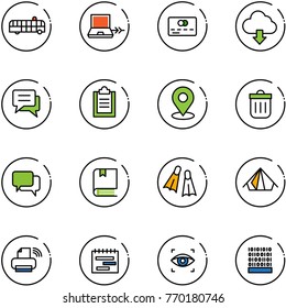 line vector icon set - airport bus vector, netabook connect, credit card, download cloud, chat, clipboard, map pin, trash bin, dialog, book, flippers, tent, printer wireless, terms plan, eye scanner