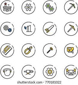 line vector icon set - airport building vector, gear, job, oil derrick, saw, axe, trowel, side cutters, screw, jig, protect glass, pipe welding, sharpening