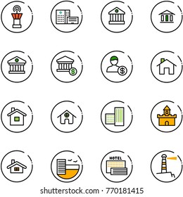 line vector icon set - airport tower vector, hospital building, bank, account, home, sand fort, hotel, sea, lighthouse