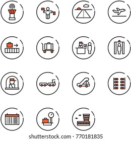 line vector icon set - airport tower vector, traffic controller, runway, departure, baggage, passport control, metal detector gate, officer window, truck, trap, plane seats, schedule, scales