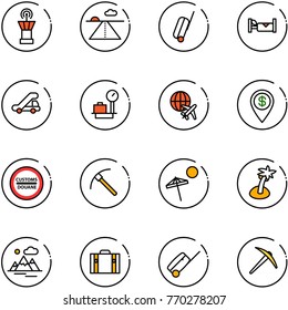 line vector icon set - airport tower vector, runway, suitcase, hotel, trap truck, baggage scales, plane globe, dollar pin, customs road sign, rock axe, beach, palm, mountains
