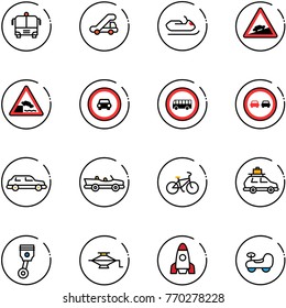 line vector icon set - airport bus vector, trap truck, snowmobile, climb road sign, embankment, no car, overtake, limousine, cabrio, bike, baggage, piston, jack, rocket, baby
