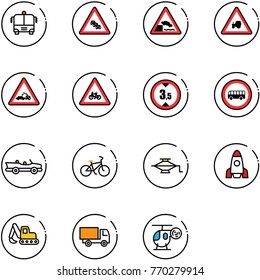 line vector icon set - airport bus vector, multi lane traffic road sign, embankment, tractor way, car crash, for moto, limited height, no, cabrio, bike, jack, rocket, excavator toy, truck