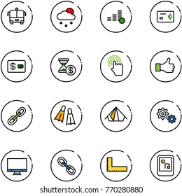 line vector icon set - airport bus vector, snowfall, coin, tap pay, credit card, account history, hand cursor, like, link, flippers, tent, gear, monitor, corner ruler, game console