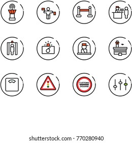 line vector icon set - airport tower vector, traffic controller, vip zone, passport control, metal detector gate, terrorism, officer window, building, floor scales, light road sign, customs