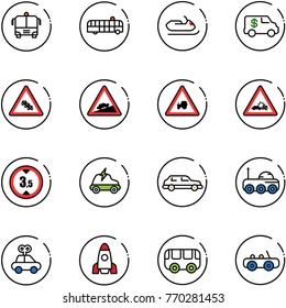 line vector icon set - airport bus vector, snowmobile, encashment car, multi lane traffic road sign, climb, tractor way, crash, limited height, electric, limousine, moon rover, toy, rocket