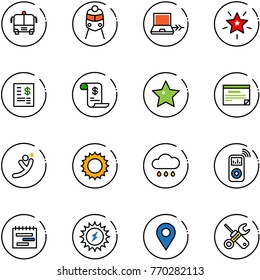 line vector icon set - airport bus vector, train, netabook connect, christmas star, account statement, history, schedule, flying man, sun, rain cloud, music player, terms plan, power, navigation pin