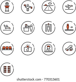 line vector icon set - airport tower vector, traffic controller, runway, departure, arrival, passport control, metal detector gate, travolator, waiting area, terrorism, officer window, trap truck