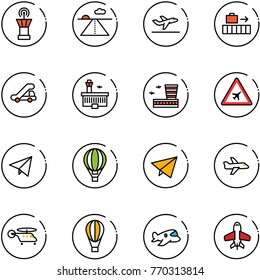 line vector icon set - airport tower vector, runway, departure, baggage, trap truck, building, road sign, paper fly, air balloon, plane, helicopter, toy