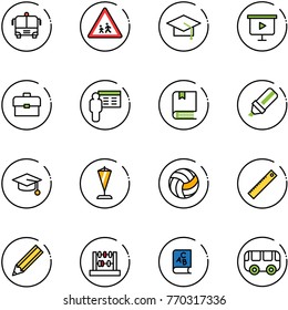line vector icon set - airport bus vector, children road sign, graduate hat, presentation board, portfolio, book, highlight marker, pennant, volleyball, ruler, pencil, abacus, abc, toy