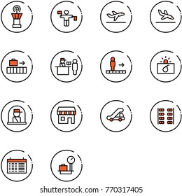 line vector icon set - airport tower vector, traffic controller, departure, arrival, baggage, passport control, travolator, terrorism, officer window, duty free, trap truck, plane seats, schedule