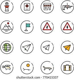 line vector icon set - airport tower vector, passport, duty free, boarding passengers, mountains, flag, intersection road sign, globe, paper plane, fly, helicopter, lounger, suitcase