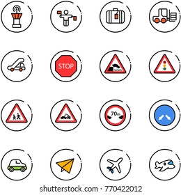 line vector icon set - airport tower vector, traffic controller, suitcase, fork loader, trap truck, stop road sign, embankment, light, children, car crash, limited distance, detour, paper fly, plane