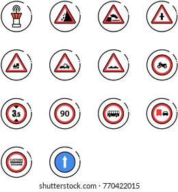 line vector icon set - airport tower vector, landslide road sign, embankment, intersection, railway, car crash, rough, no moto, limited height, speed limit 90, bus, truck overtake, customs
