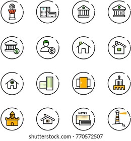 line vector icon set - airport tower vector, hospital building, bank, account, home, doors, sand fort, sea hotel, lighthouse