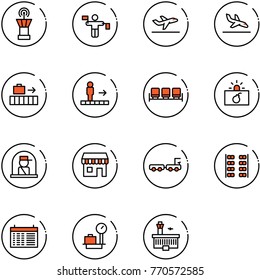 line vector icon set - airport tower vector, traffic controller, departure, arrival, baggage, travolator, waiting area, terrorism, officer window, duty free, truck, plane seats, schedule, scales