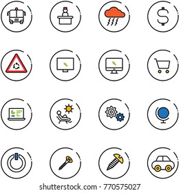 line vector icon set - airport bus vector, recieptionist, storm, dollar sign, round motion road, monitor cursor, cart, statistics, beach, gear, globe, standby button, screw, car
