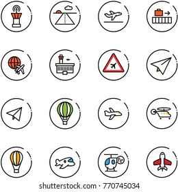 line vector icon set - airport tower vector, runway, departure, baggage, plane globe, building, road sign, paper, fly, air balloon, helicopter, toy