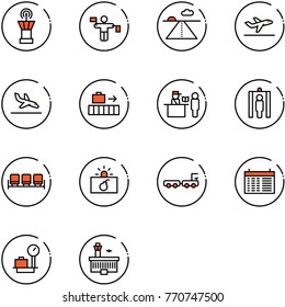 line vector icon set - airport tower vector, traffic controller, runway, departure, arrival, baggage, passport control, metal detector gate, waiting area, terrorism, truck, schedule, scales