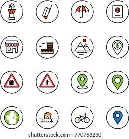 line vector icon set - airport tower vector, suitcase, insurance, passport, duty free, building, mountains, dollar pin, tunnel road sign, intersection, map, globe, bungalow, bike, navigation