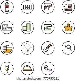 line vector icon set - airport tower vector, automatic doors, duty free, building, hospital, store, sand fort, hotel, fretsaw, bolt cutter, cocncrete mixer, winch, construction helmet