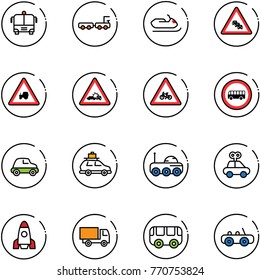 line vector icon set - airport bus vector, baggage truck, snowmobile, multi lane traffic road sign, tractor way, car crash, for moto, no, moon rover, toy, rocket