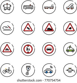 line vector icon set - airport bus vector, baggage truck, trap, snowmobile, multi lane traffic road sign, climb, tractor way, for moto, limited height, no, electric car, bike, piston, wireless, jack