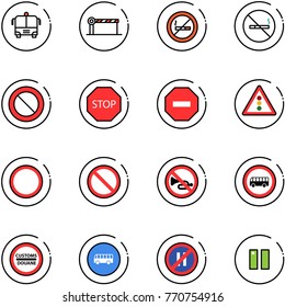 line vector icon set - airport bus vector, barrier, no smoking sign, prohibition road, stop, way, traffic light, horn, customs, parking even, pause