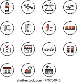 line vector icon set - airport tower vector, traffic controller, runway, departure, baggage, metal detector gate, travolator, waiting area, terrorism, duty free, truck, plane seats, schedule, scales