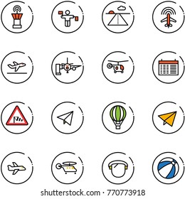 line vector icon set - airport tower vector, traffic controller, runway, plane radar, departure, boarding passengers, helicopter, schedule, side wind road sign, paper fly, air balloon, protect glass