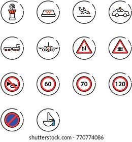 line vector icon set - airport tower vector, taxi, arrival, safety car, baggage truck, plane, oncoming traffic road sign, railway intersection, no horn, speed limit 60, 70, 120, parking