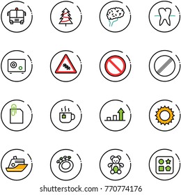 line vector icon set - airport bus vector, christmas tree, brain, tooth, safe, multi lane traffic road sign, prohibition, no limit, attachment, hot tea, growth arrow, sun, cruiser, beanbag, bear toy