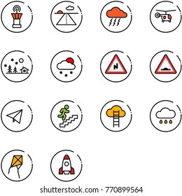 line vector icon set - airport tower vector, runway, storm, helicopter, christmas landscape, snowfall, abrupt turn right road sign, artificial unevenness, paper fly, career, cloud ladder, rain, kite