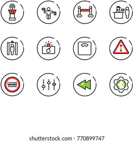 line vector icon set - airport tower vector, traffic controller, vip zone, passport control, metal detector gate, terrorism, floor scales, light road sign, customs, settings, fast backward