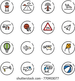 line vector icon set - airport tower vector, runway, plane radar, arrival, helicopter, globe, side wind road sign, paper fly, air balloon, kite, dryer, toy, beach ball