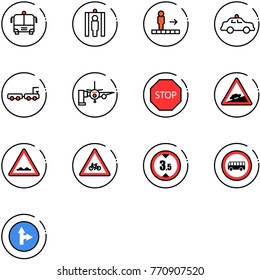 line vector icon set - airport bus vector, metal detector gate, travolator, safety car, baggage truck, boarding passengers, stop road sign, climb, rough, for moto, limited height, no