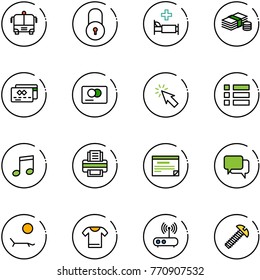 line vector icon set - airport bus vector, lock, hospital bed, cash, credit card, cursor, menu, music, printer, schedule, dialog, lounger, t shirt, wi fi router, screw