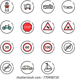 line vector icon set - airport tower vector, baggage, bus, small plane, bike, stop road sign, multi lane traffic, railway intersection, speed limit 30, 60, 100, end, overtake, limousine