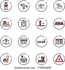 line vector icon set - airport tower vector, traffic controller, departure, arrival, baggage, metal detector gate, travolator, waiting area, terrorism, duty free, truck, schedule, scales, building