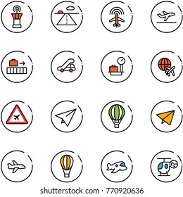 line vector icon set - airport tower vector, runway, plane radar, departure, baggage, trap truck, scales, globe, road sign, paper, air balloon, fly, toy, helicopter