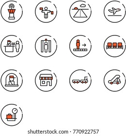 line vector icon set - airport tower vector, traffic controller, runway, departure, passport control, metal detector gate, travolator, waiting area, officer window, duty free, baggage truck, trap